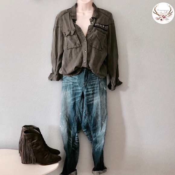 H&M Beaded Olive Military Button Down Shirt - Picture 2 of 8